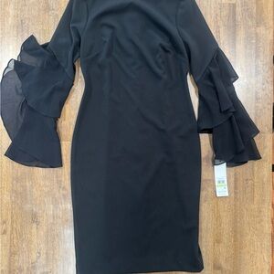 Calvin Klein Black Long-Sleeve Ruffle Midi Dress